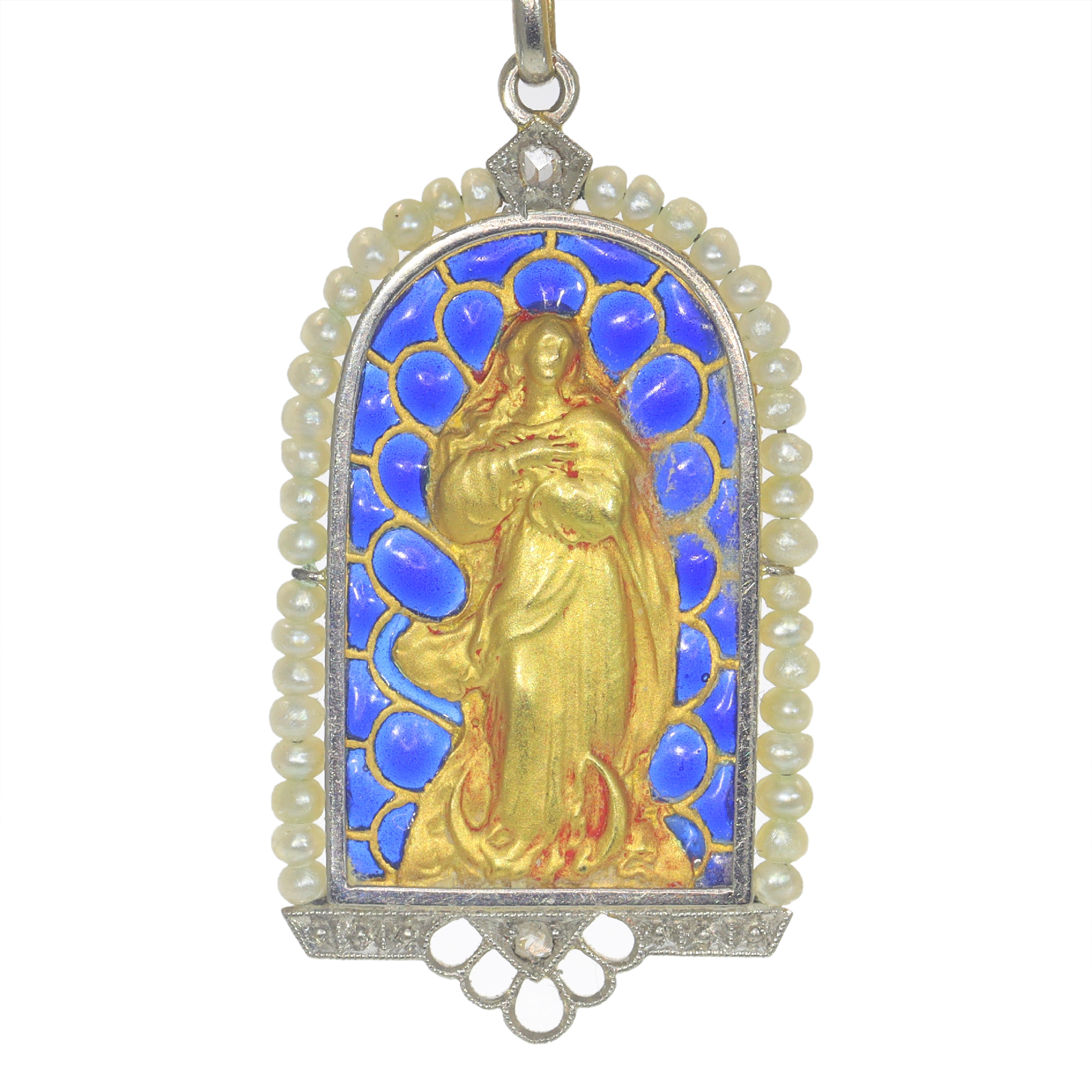Vintage antique 18K gold pendant Mother Mary medal with diamonds and plique-a-jour enamel